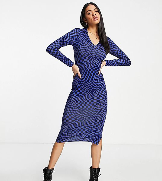 Missguided – Midaxi-Kleid in Blau mit Schachbrettmuster und offenem Kragen günstig online kaufen