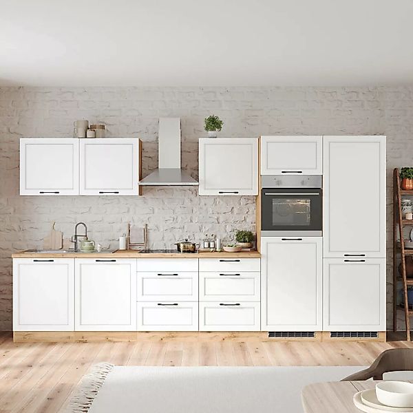 Küchenzeile 360 cm mit E-Geräten in weiß und Eiche, Arbeitsplatte in Eiche, günstig online kaufen