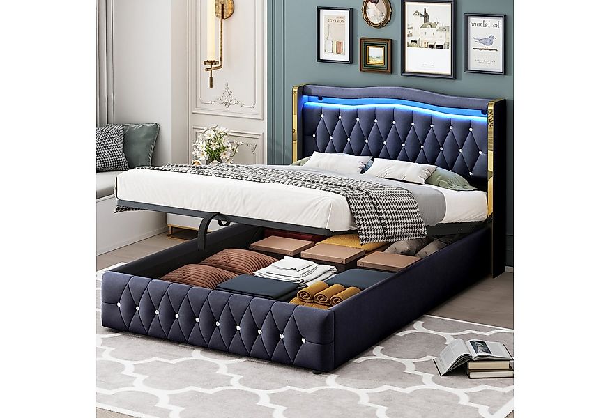 Merax Polsterbett mit LED-Beleuchtung & Rautenmuster (Stauraumbett, 1-tlg), günstig online kaufen