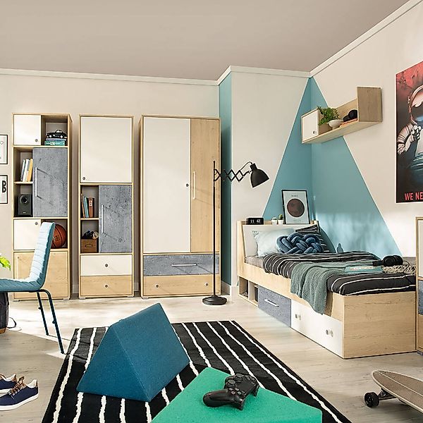 Jugendzimmer Set 5-teilig SPOKANE-133 mit Bett 120cm Eiche mit weiß und Bet günstig online kaufen