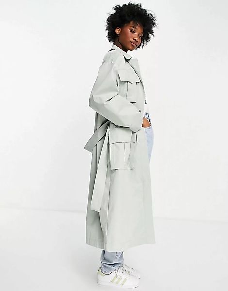 ASOS DESIGN Luxe – Oversize-Trenchcoat in Salbeigrün mit Taschen-Grau günstig online kaufen