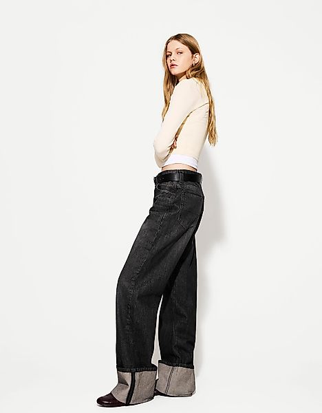 Bershka Wide-Leg-90'S-Jeans Mit Umgeschlagenem Saum Damen 10-12 Schwarz günstig online kaufen