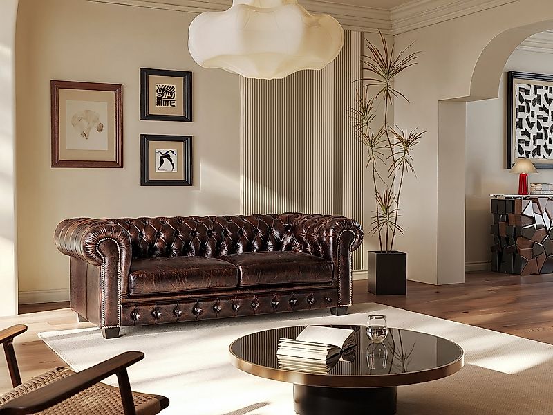 Chesterfield Ledersofa 3-Sitzer - 100% Büffelleder - Braun - BRENTON günstig online kaufen