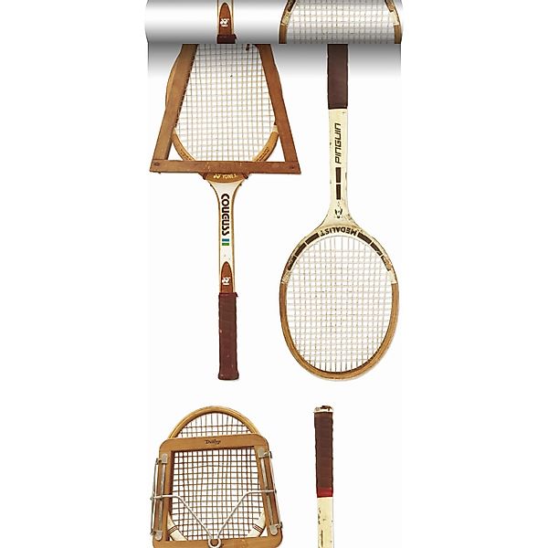 ESTAhome XXL-Vliestapete Vintage-Tennisschläger Weiß Braun und Beige 50 x 9 günstig online kaufen
