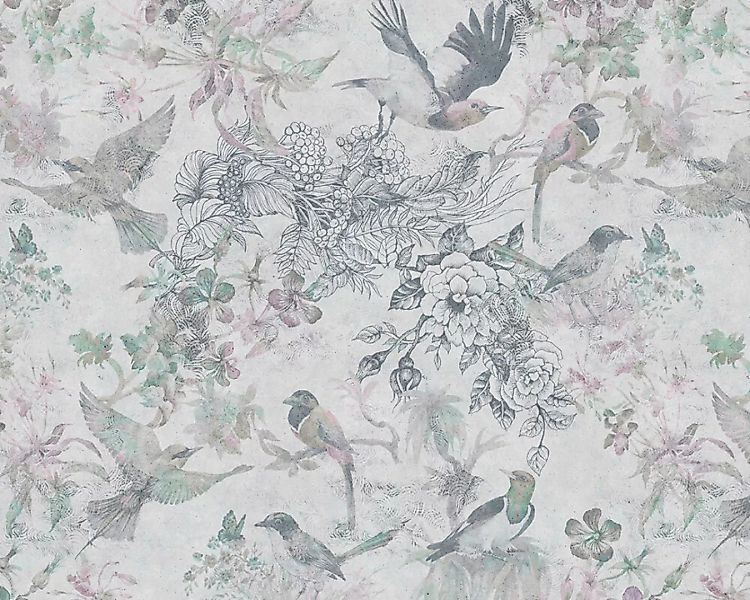 Fototapete "Birds and Flowers Grey" 4,00x2,50 m / Glattvlies Perlmutt günstig online kaufen