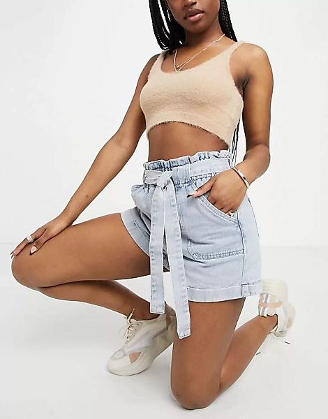 Urban Bliss – Shorts mit Paperbag-Taille in ausgeblichener Waschung-Blau günstig online kaufen