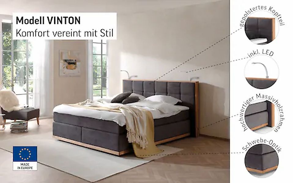 PLACES OF STYLE Boxspringbett »Vinton« aus Eiche, mit LED-Beleuchtung, vers günstig online kaufen