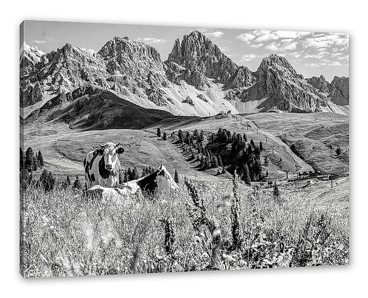 Pixxprint Leinwandbild Alpenszene mit Kühen auf grüner Wiese, Monochrome, A günstig online kaufen