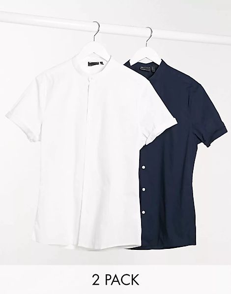 ASOS DESIGN – Sparen mit 2er-Packs enge Hemden mit Grandad-Kragen in Weiß/S günstig online kaufen