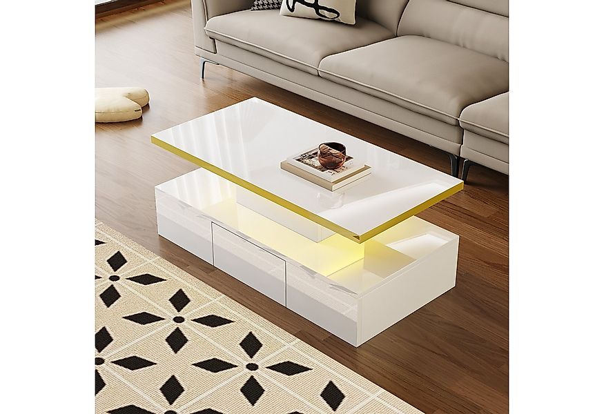 HAUSS SPOLE Couchtisch mit Schubladen, LED-Licht und 2 Ablageebenen, Hochgl günstig online kaufen