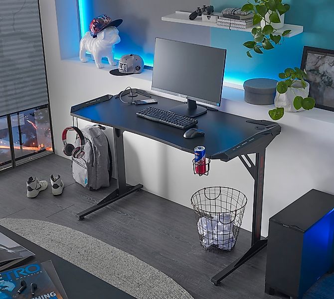 Gaming Schreibtisch Schwarz inkl. Beleuchtung und USB-Station von Bega günstig online kaufen