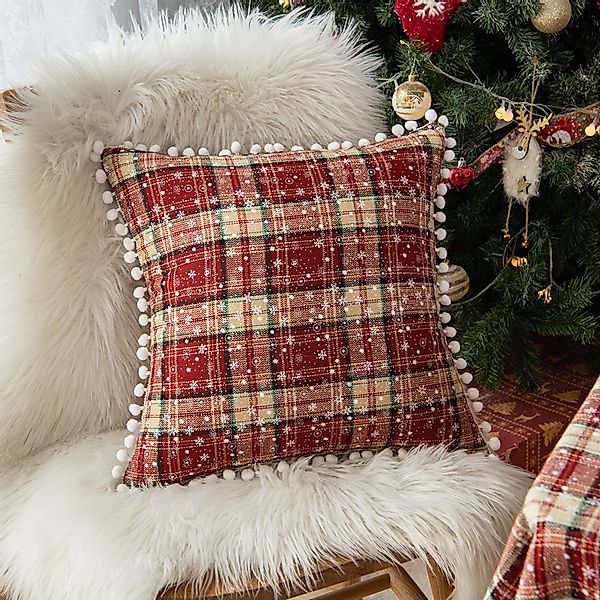 Rosnek Kissenbezug Schneeflocke Pompon, kariert, für günstig online kaufen