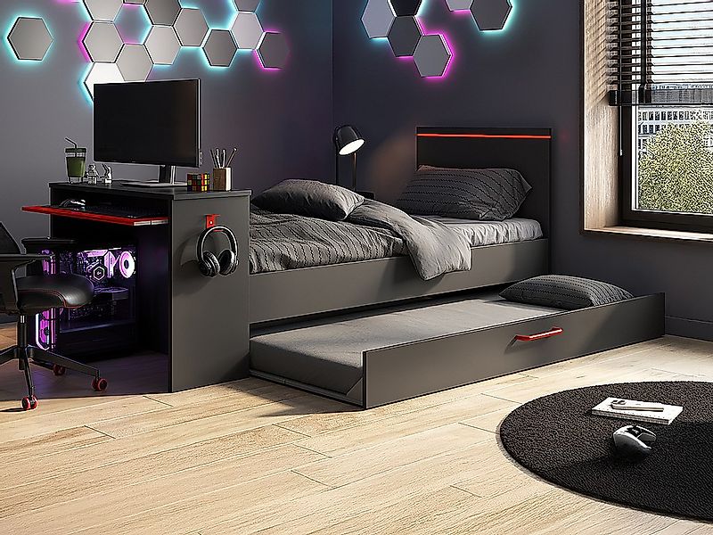 Ausziehbett Gamer mit Schreibtisch & LEDs + Lattenrost  - 2 x 90 x 200 cm - günstig online kaufen