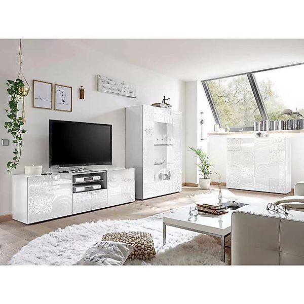Wohnzimmer Anbauwand in Hochglanz Weiß floralem Siebdruck verziert (dreitei günstig online kaufen