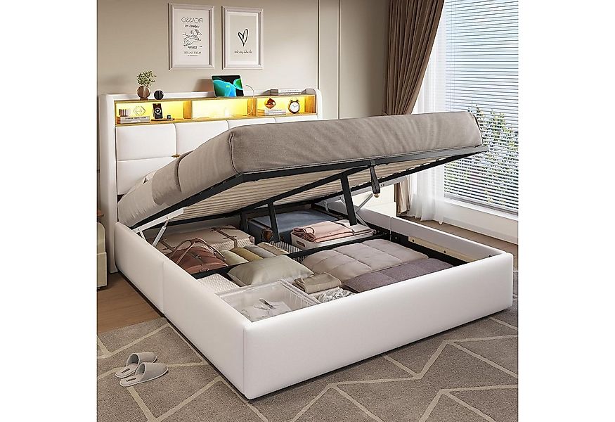 MSMASK Polsterbett mit LED Beleuchtung und Steckdosenleiste, hydraulisches günstig online kaufen