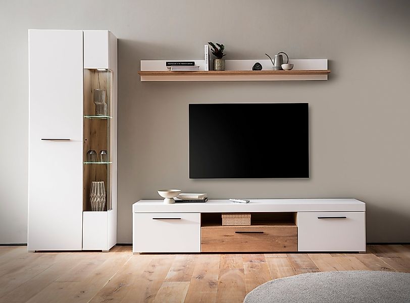 INOSIGN Wohnwand Salerno, moderne Anbauwand, Wohnzimmer-Set, Weiß mit Eiche günstig online kaufen