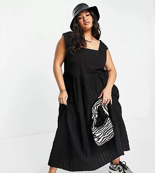 COLLUSION Plus – Pinafore-Midi-Sommerkleid in Schwarz aus Bio-Baumwolle und günstig online kaufen