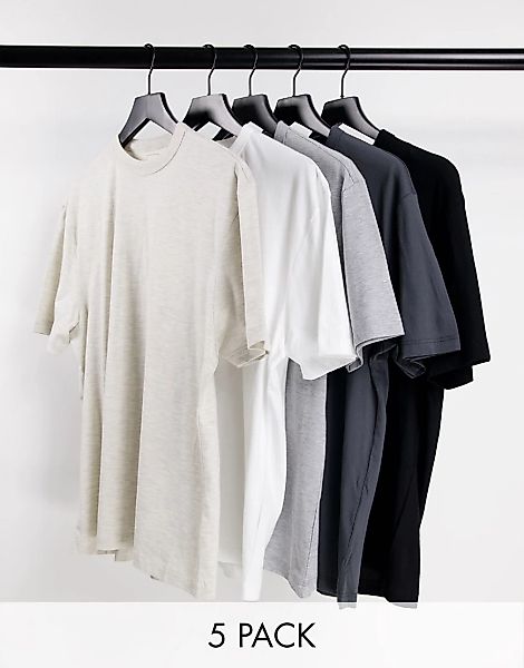 River Island – T-Shirts in Grau mit normalem Schnitt im 5er-Pack günstig online kaufen