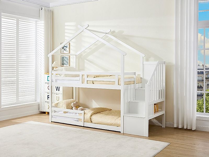 Hochbett Hausbett - 90 x 190 cm - Kiefer & MDF + Matratze - Weiß - TALETY günstig online kaufen