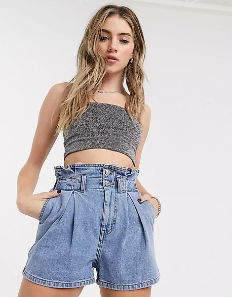 Topshop – Jeansshorts mit Paperbag-Taille in mittlerer Waschung-Blau günstig online kaufen