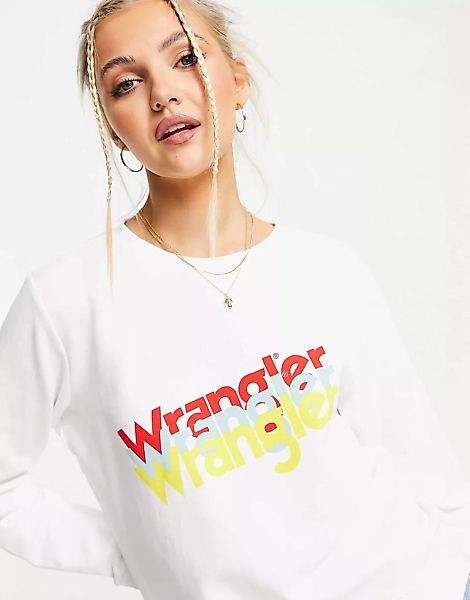 Wrangler – Weißes Sweatshirt mit Rundhalsausschnitt und mehrfarbigem Logo a günstig online kaufen