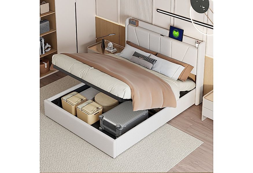PXloue Polsterbett Doppelbett Stauraumbett (2 USB- und 1 Type-C-Ladeschnitt günstig online kaufen