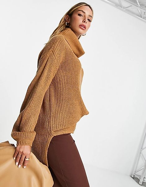 Vero Moda – Longline-Pullover aus Wollmischung mit Rollkragen in Camel-Neut günstig online kaufen