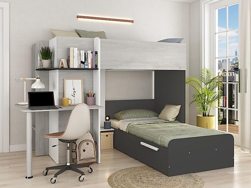 Eck-Hochbett - 2 x 90 x 190 cm -  mit Schreibtisch - Grau, Weiß & Schwarz + günstig online kaufen