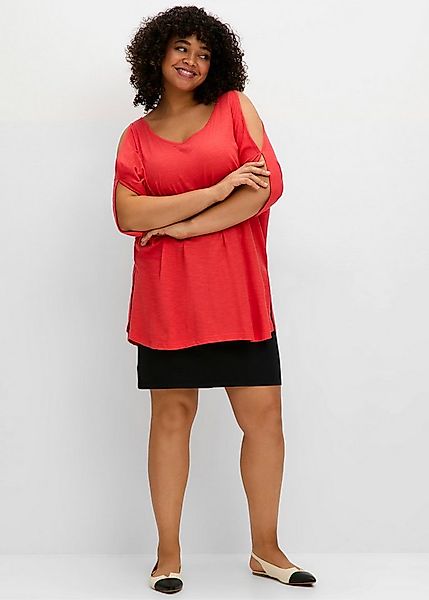 Sheego T-Shirt Longshirt Kurzarm mit geschlitzten Fledermausärmeln günstig online kaufen
