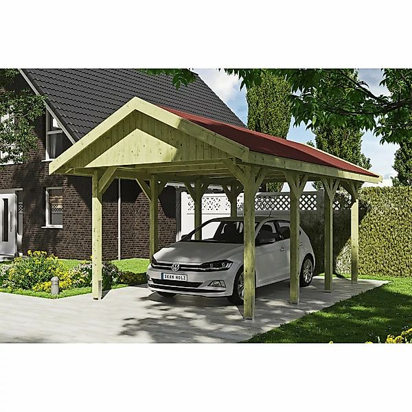 Satteldach-Carport Wallgau Grün 380 x 600 cm rote Schindeln günstig online kaufen