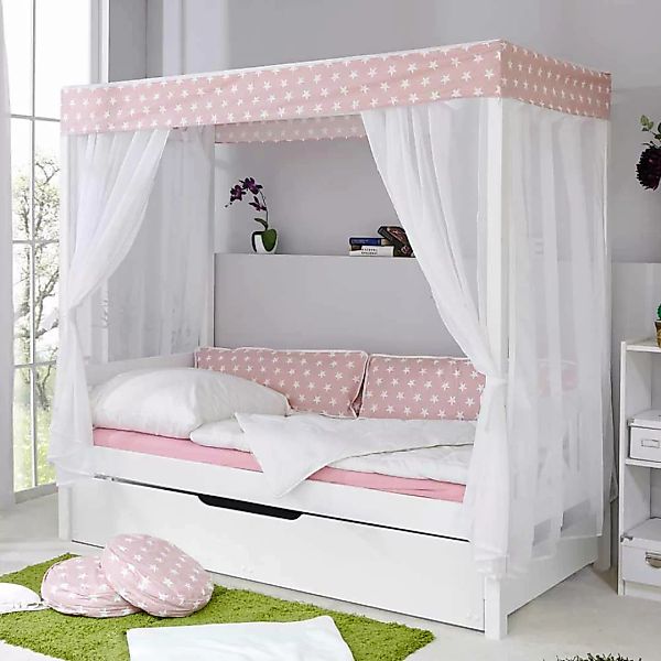 Kinder Himmelbett mit Ausziehbett Weiß Rosa günstig online kaufen