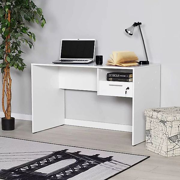 Kompakter Schreibtisch in Weiß melaminbeschichtet abschließbarer Schublade günstig online kaufen