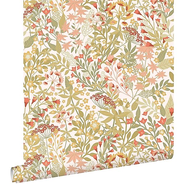 ESTAhome Tapete Feldblumen Grün Rosa und Ockergelb 50 x 900 cm günstig online kaufen