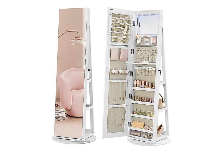 SONGMICS Schmuckschrank mit LED und Spiegel, 3 Ablagen, 360° drehbar, weiß günstig online kaufen