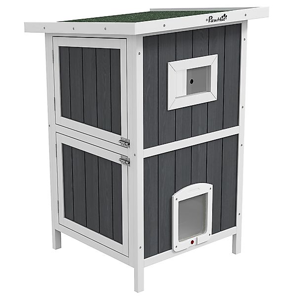 PawHut Katzenhaus aus Holz Outdoor Katzenhütte 2-stöckiges Katzenhöhle mit günstig online kaufen