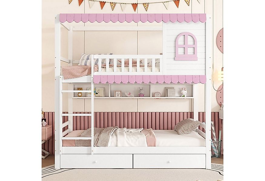 Flieks Etagenbett, Kinderbett 90x200cm mit offenen Regal und 2 Schubladen m günstig online kaufen