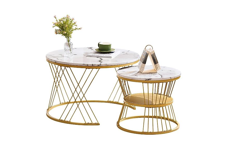 Merax Couchtisch, hochglanz mit Metallrahmen, Satztisch in Marmoroptik, Woh günstig online kaufen