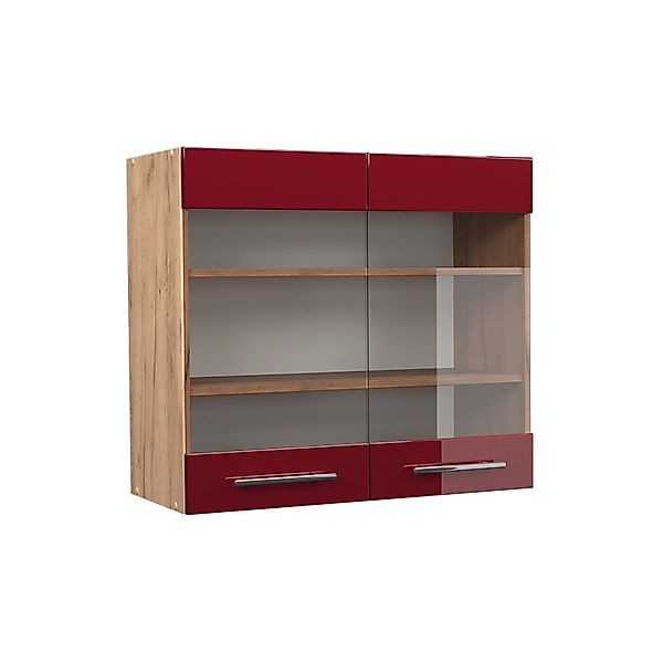 Vicco Küchenglasschrank Fame-Line Bordeaux Hochglanz/Goldkraft Eiche 80 cm günstig online kaufen
