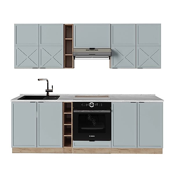 Vicco Fame-Line Küchenzeile Hellblau-grau/Goldkraft Eiche 235 cm AP Marmor günstig online kaufen