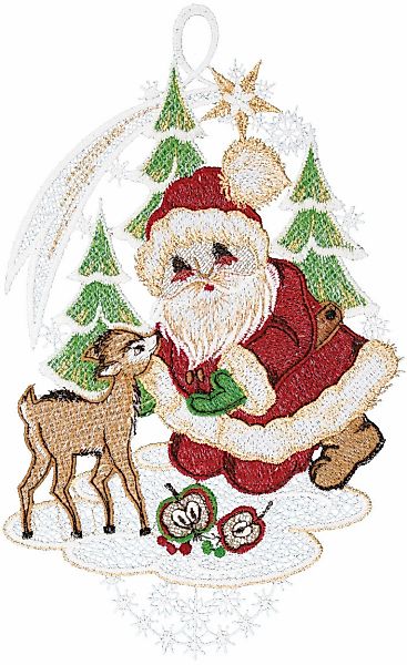 W. Reuter & Sohn - Plauener Spitze Fensterbild "Weihnachtsmann mit Rehkitz" günstig online kaufen