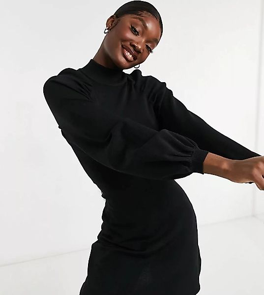 ASOS DESIGN Tall – Strick-Minikleid in Schwarz mit plissierten Ärmeln günstig online kaufen