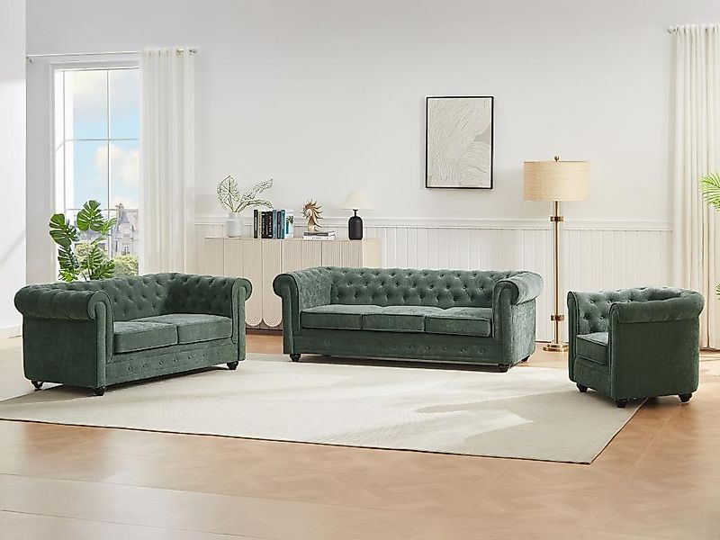Sofa 3-Sitzer & 2-Sitzer & Sessel - Stoff - Grün - CHESTERFIELD günstig online kaufen