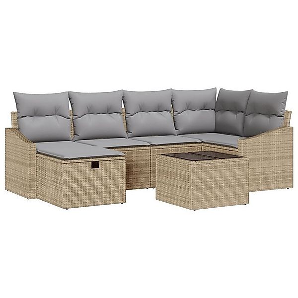 vidaXL Loungesofa 7-teiliges Garten Sofa Set mit Kissen Beige Poly Rattan, günstig online kaufen