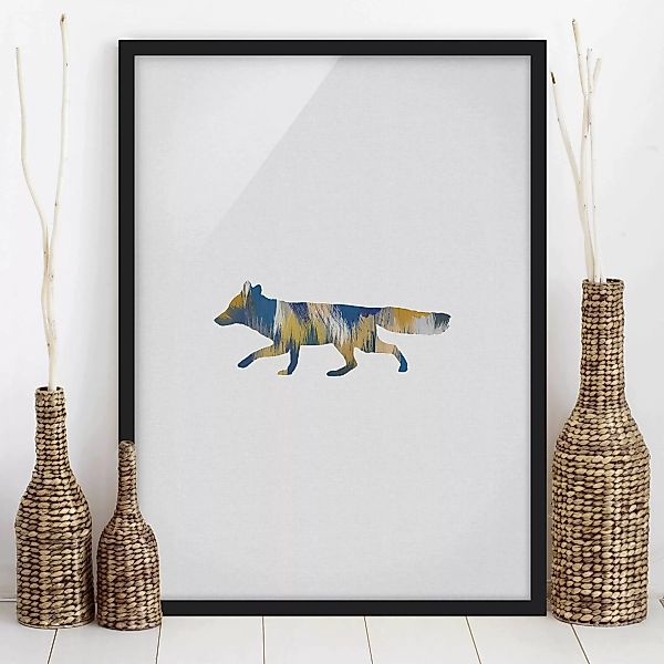 Bild mit Rahmen Fuchs in Blau und Gelb günstig online kaufen