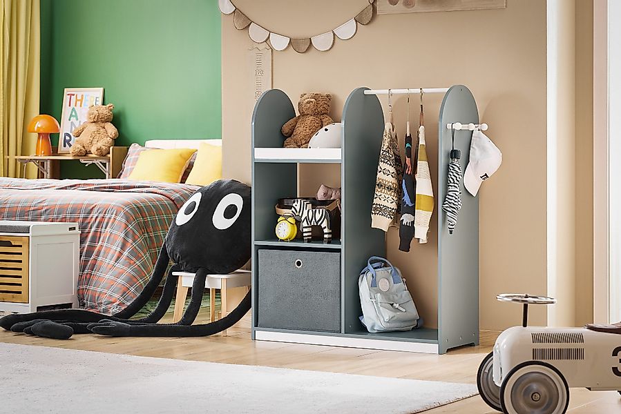 SoBuy Kinderkleiderschrank mit 3 Haken Kleiderständer mit Box Grau KMB40-HG günstig online kaufen