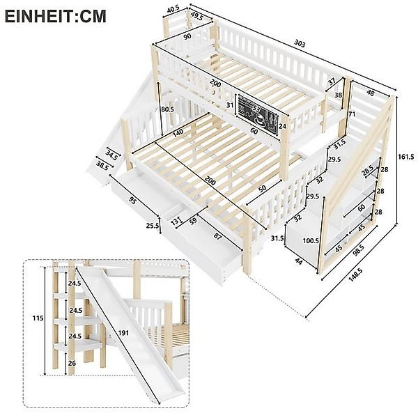 Flieks Etagenbett, Kinderbett 90x200cm+140x200cm mit Tafel, 2 Schubladen, R günstig online kaufen