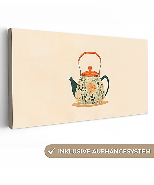OneMillionCanvasses® Leinwandbild Panorama Orange - Teekanne - Blumen - Blä günstig online kaufen