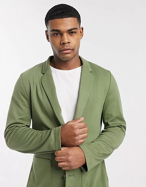 ASOS DESIGN – Schicker, weicher Jersey-Blazer mit schmalem Schnitt in Khaki günstig online kaufen