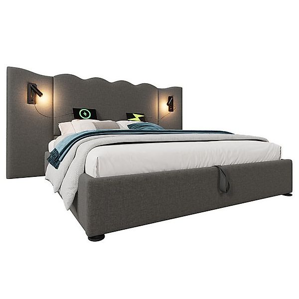 VISTEFLY Polsterbett Doppelbett 180cm, USB-Ladung & Leselampe, Grau Leinen günstig online kaufen
