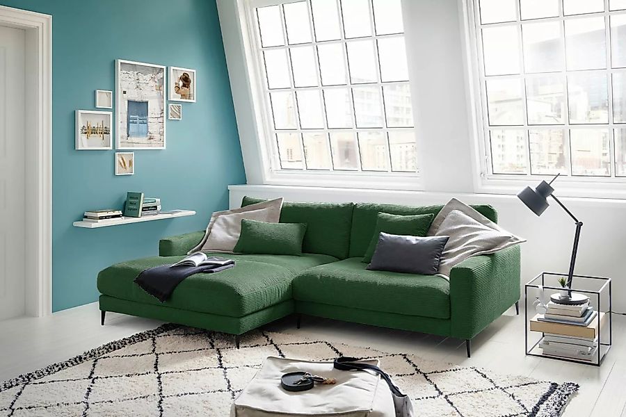 B-Ware KAWOLA Ecksofa CARA Sofa Recamiere links Cord smaragd günstig online kaufen